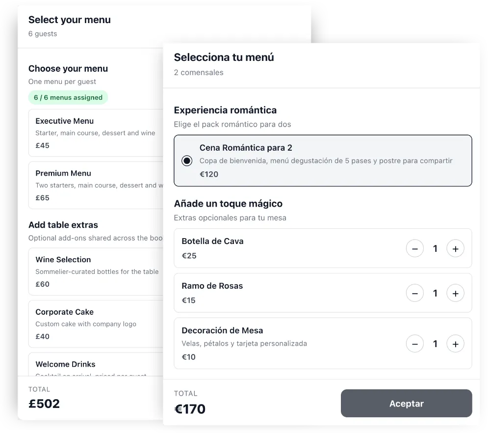Selección de menú y oferta dentro de la reserva en Alex Reservations