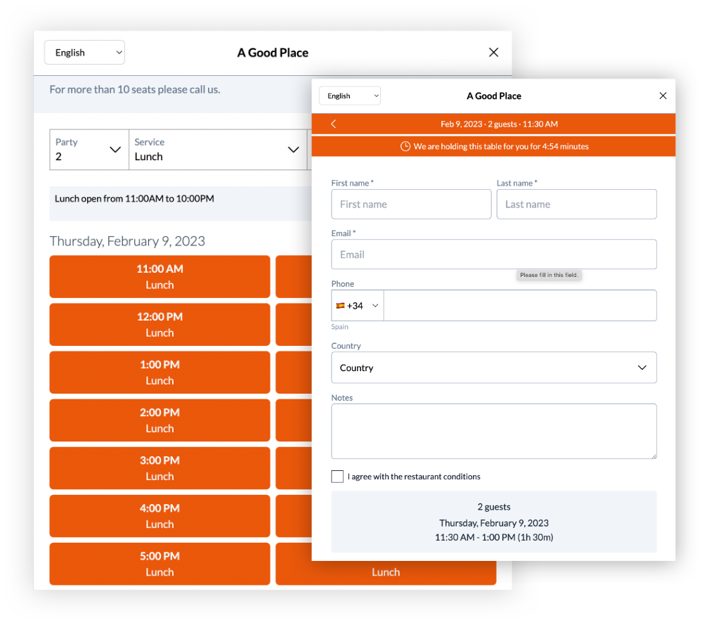 Widget de reservas de Alex Reservations integrado en una web
